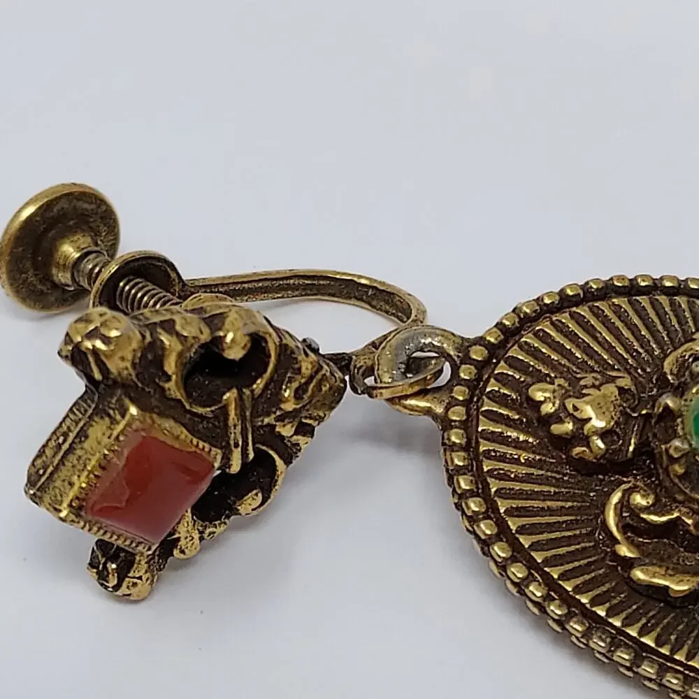 Vintage Victorian Revival Earrings Dangle Aged Gold Tone Gemstones Screw Back